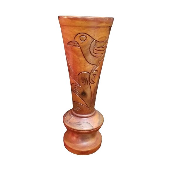Hand-Carved Vintage Wooden Vase With Bird & Floral Design - Picture 7 of 10